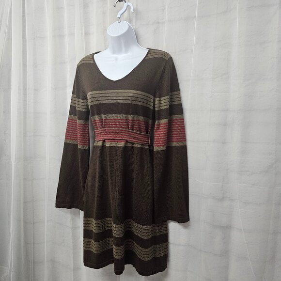 Prana Brown Red Striped Knit Dress Belted Boho Festival Hippie M - Picture 5 of 13